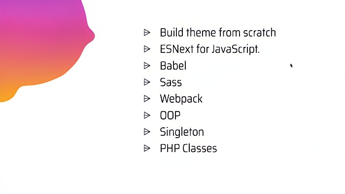 Slide listing essential tools for theme development including Babel, Sass, Webpack, and PHP Classes, tailored for web developers in Surry Hills