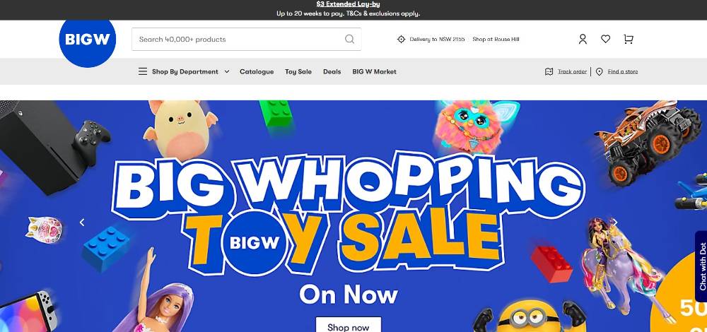 Screenshot of Big W's e-commerce site showcasing a big toy sale in Redfern, Sydney