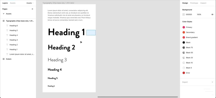 A design layout showcasing various heading styles and typography guidelines.