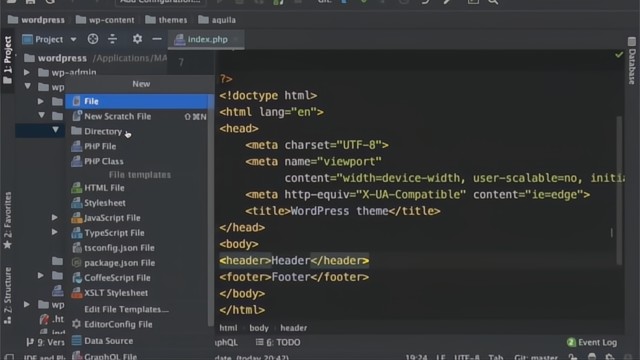 Screenshot depicting WordPress file structure within an IDE, highlighting the creation of new files and directories, aimed at developers in Darlinghurst