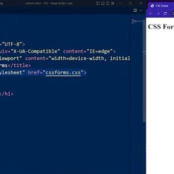 Coding CSS Forms – Visual Studio Code Visual Studio Code interface displaying HTML and CSS code for forms