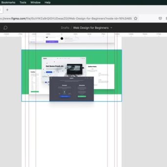 Web Design for Beginners – Figma Interface Figma interface displaying a beginner's web design project with a green highlighted section.